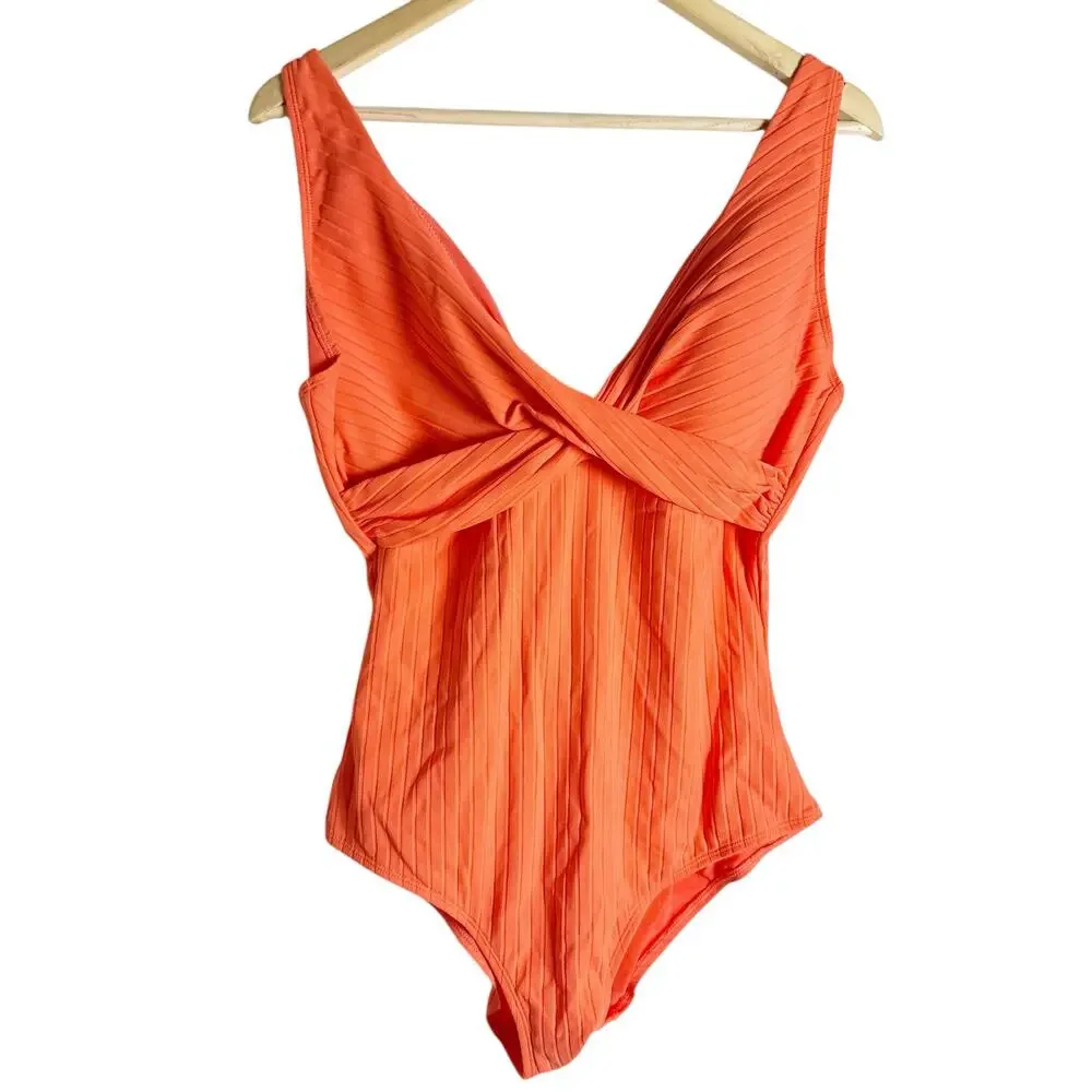 Sea Level Tangerine Orange Vesper Cross Front V-Neck One Piece Swimsuit Size 14
